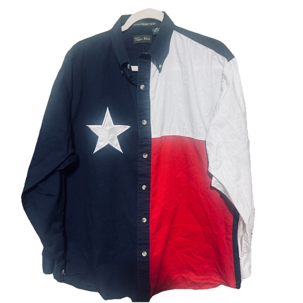 Mens‎ Tiger Hill Texas Flag Long Sleeve Twill Button Up Shirt Lone star sz XL